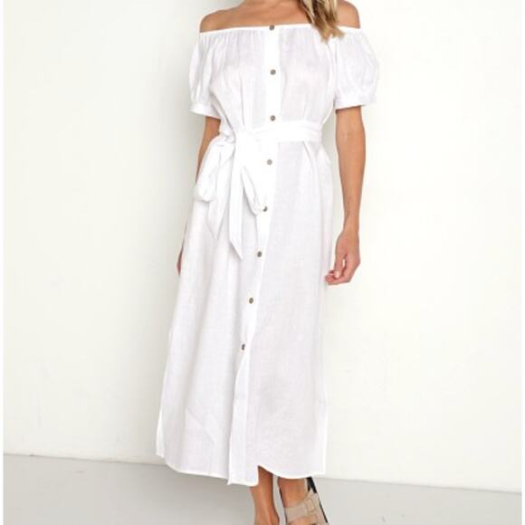 NWT Eberjey Linen Solid White Harper Midi‎ Dress Off Shoulder Button Down Small - Picture 1 of 12